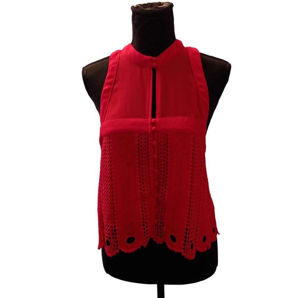 Free People "Rory" Crochet Crop Top/Tank Pep Hole Boho Sheer Covered Buttons S/M